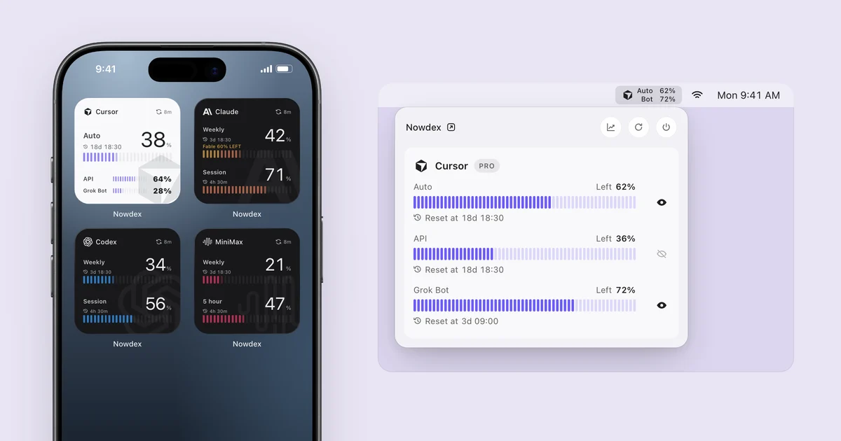 A Nowdex Cursor widget and the Nowdex Mac menu bar showing Grok Bot usage next to Auto and API, with separate reset times