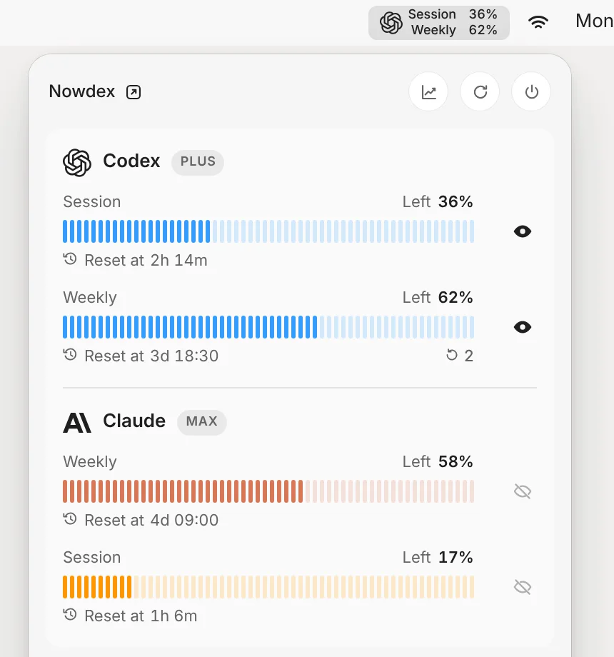 Mac のメニューバーの Nowdex。Codex アカウントの下に Claude の毎週と5時間の残り利用枠とリセット時刻を表示
