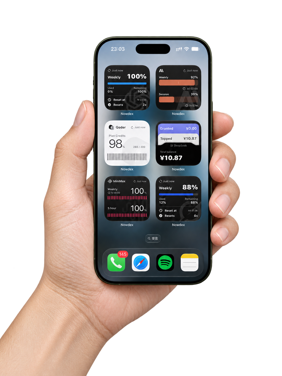 Nowdex usage widgets on an iPhone held in hand