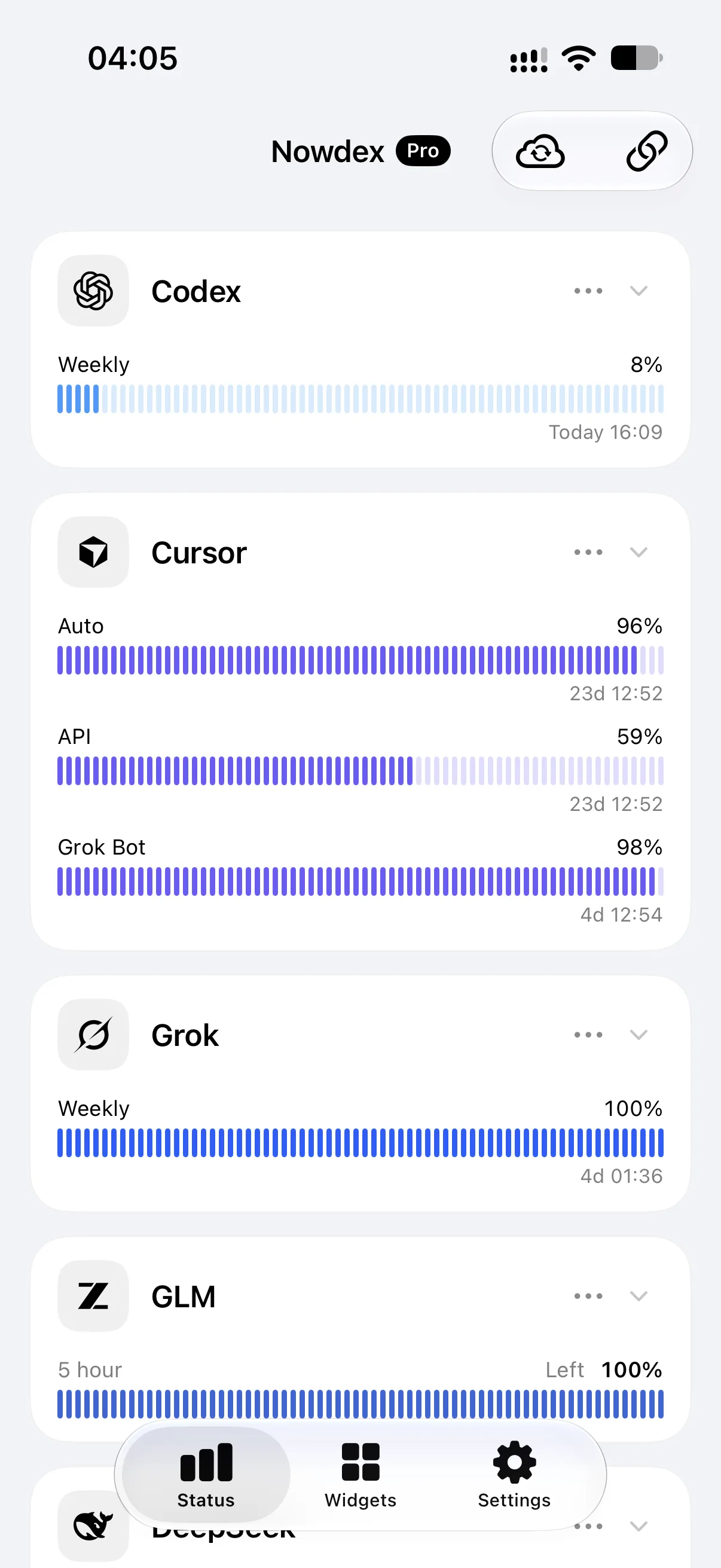 Nowdex Status on iPhone showing remaining usage and reset times